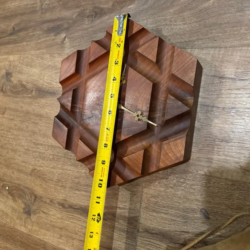 Vintage Handmade Black Walnut Carved Wall Clock Star of David? Hexagon HEAVY